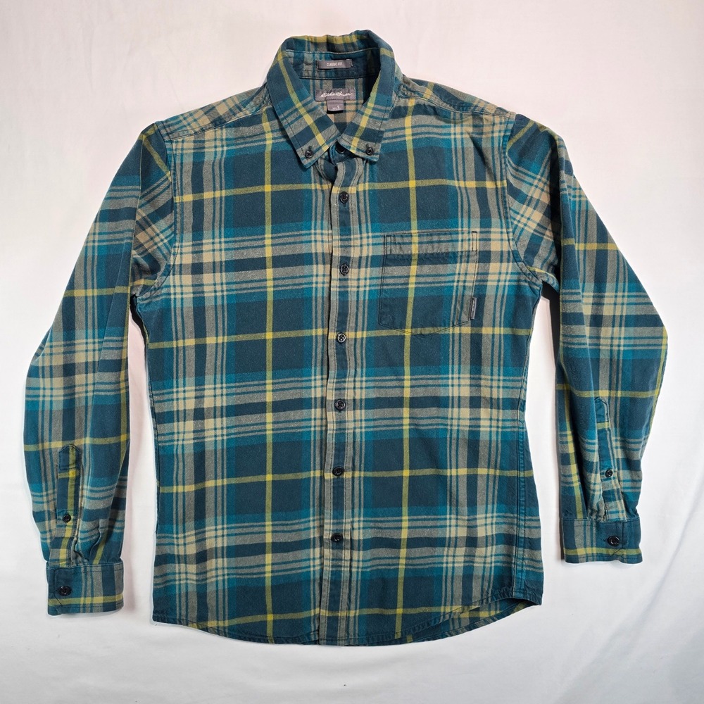 Eddie Bauer Mens Classic Fit Flannel Shirt Small Teal Plaid Button Down 0642